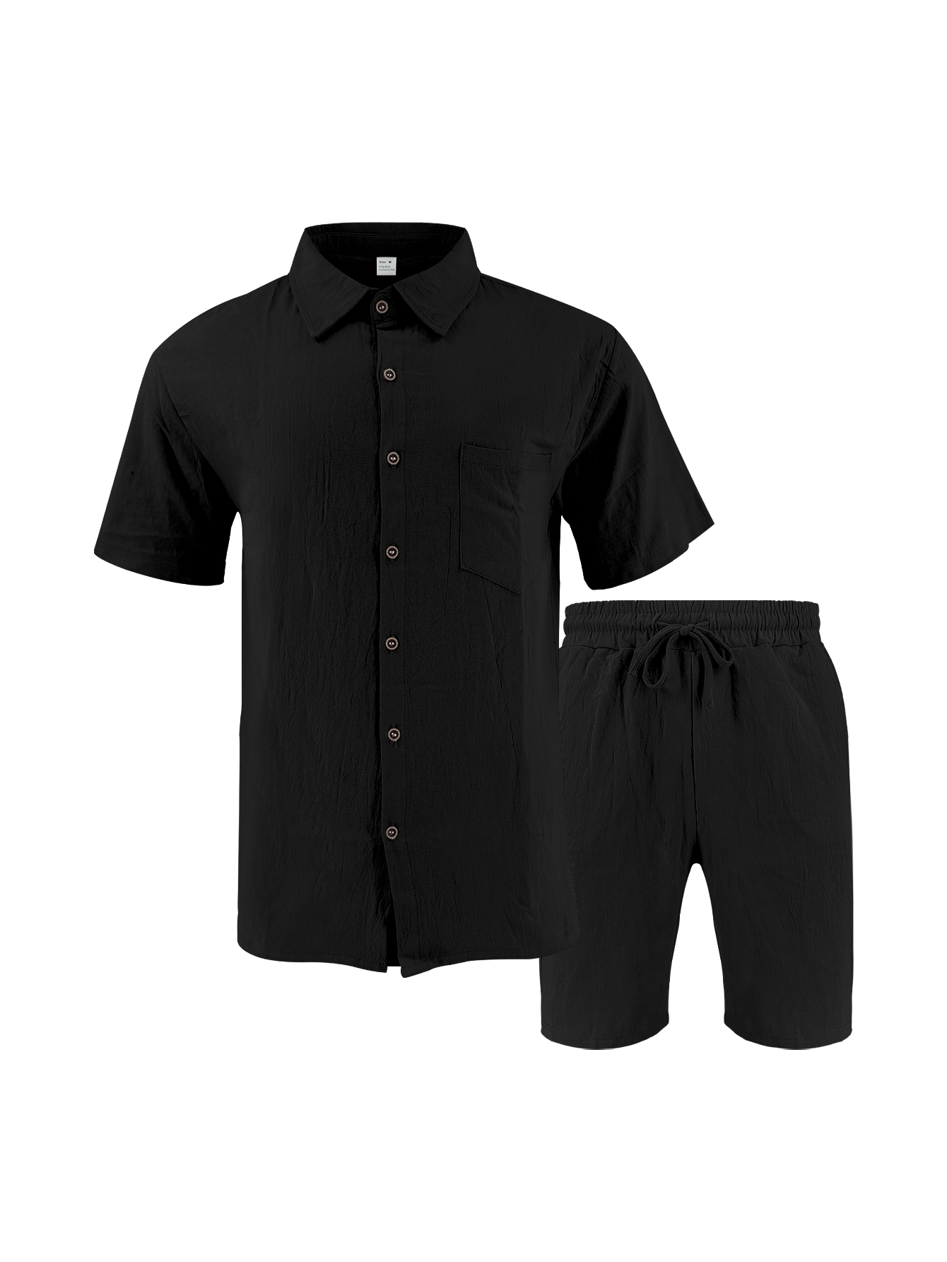 Short Linen Drawstring - Men Linen Textured Two-Piece Set, Collared